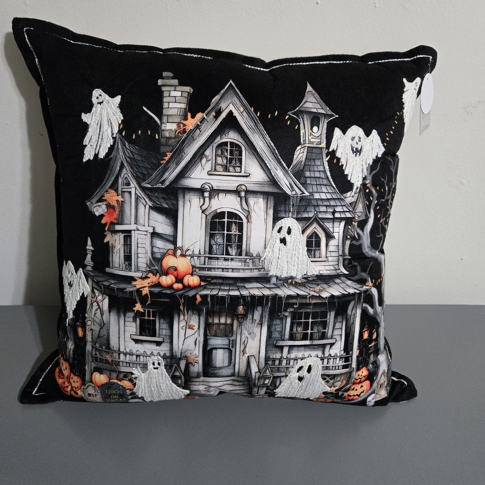 Haunted House Halloween Pillow - Black and White